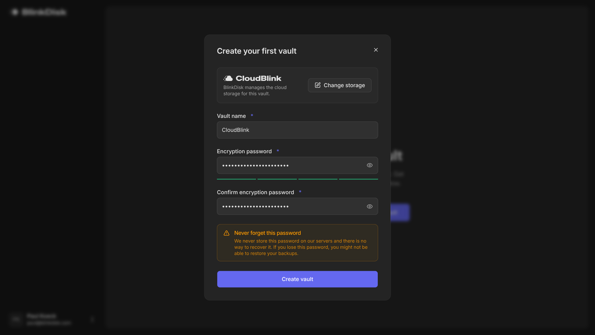BlinkDisk create vault screen with CloudBlink selected as the storage destination