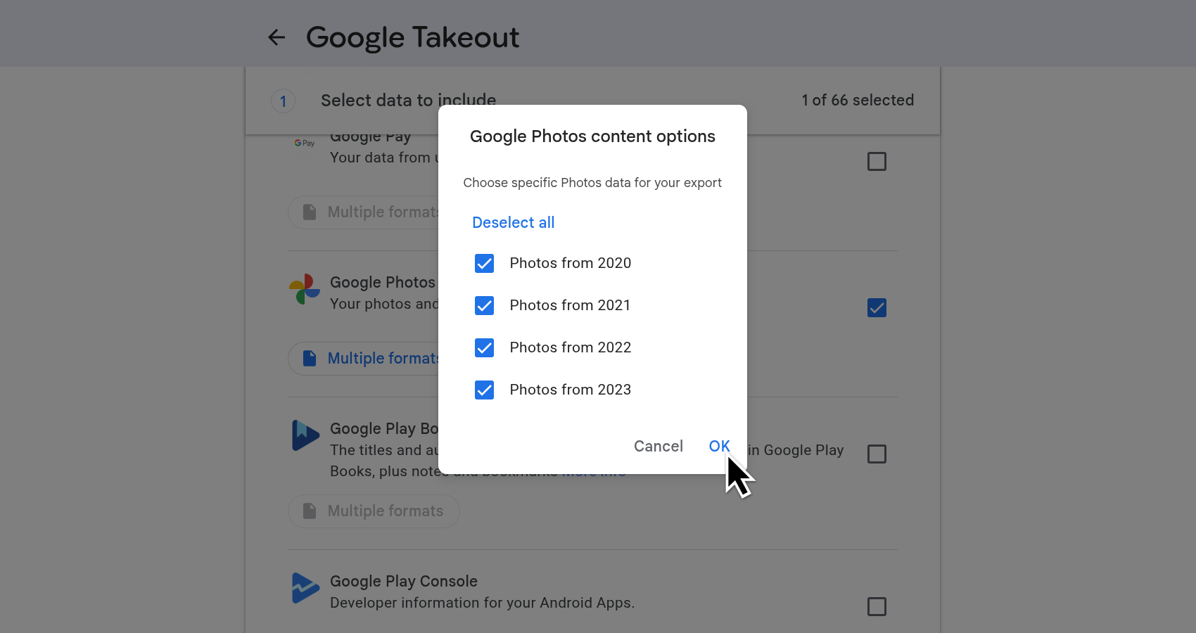 Google Photos album selector in Google Takeout