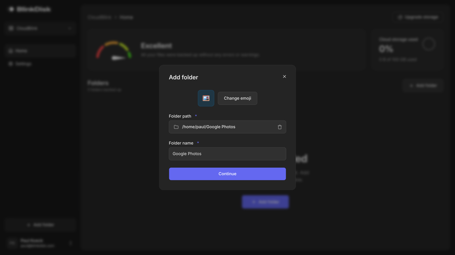 BlinkDisk add folder dialog with a Google Photos Takeout folder selected