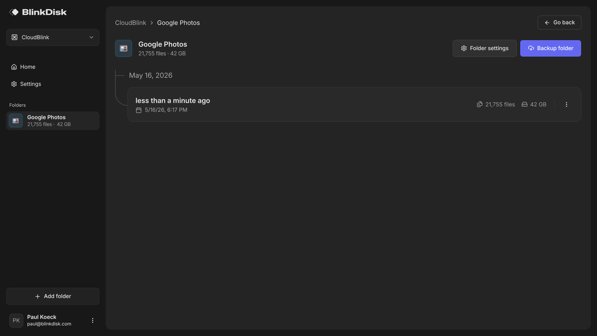 BlinkDisk backup list showing the Google Photos Takeout folder ready to back up