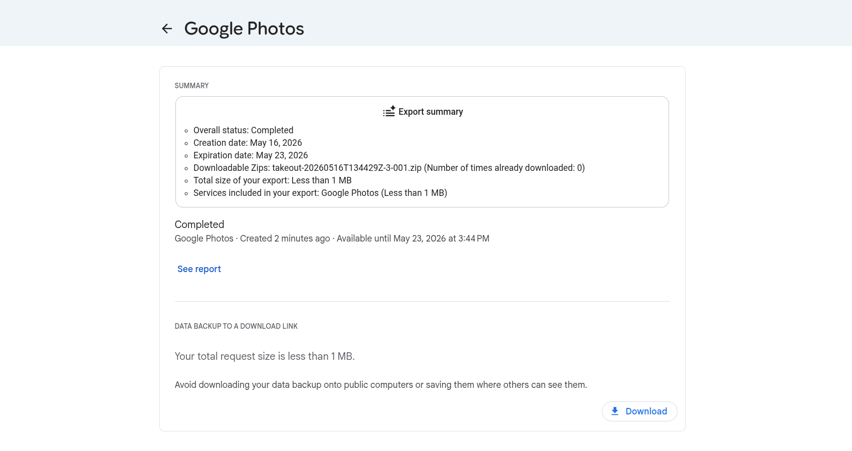 Google Takeout export page showing a completed Google Photos export ready to download
