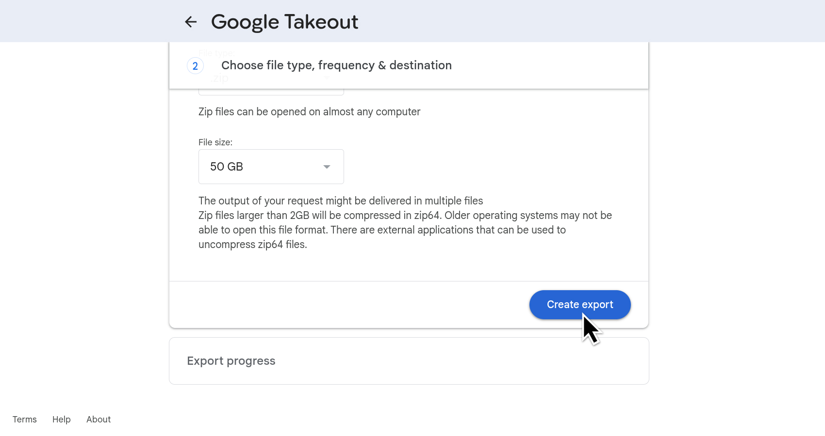 Google Takeout Create export button