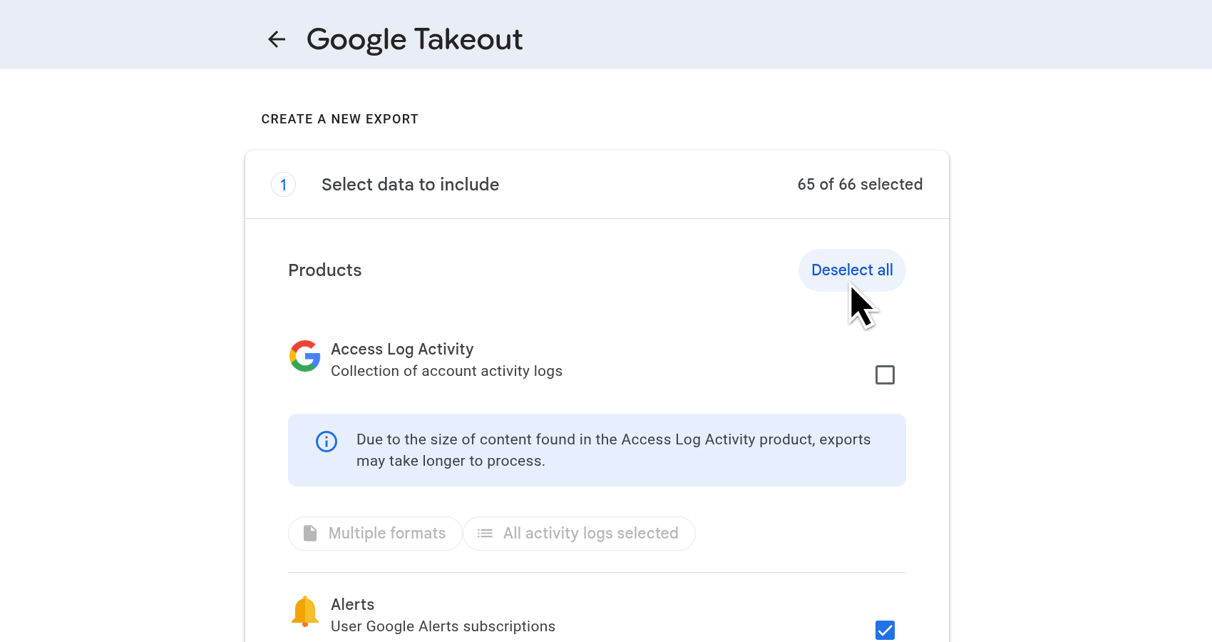 Google Takeout screen with the Deselect all button highlighted
