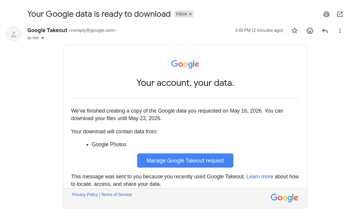Google Takeout email notifying that the export is ready to download