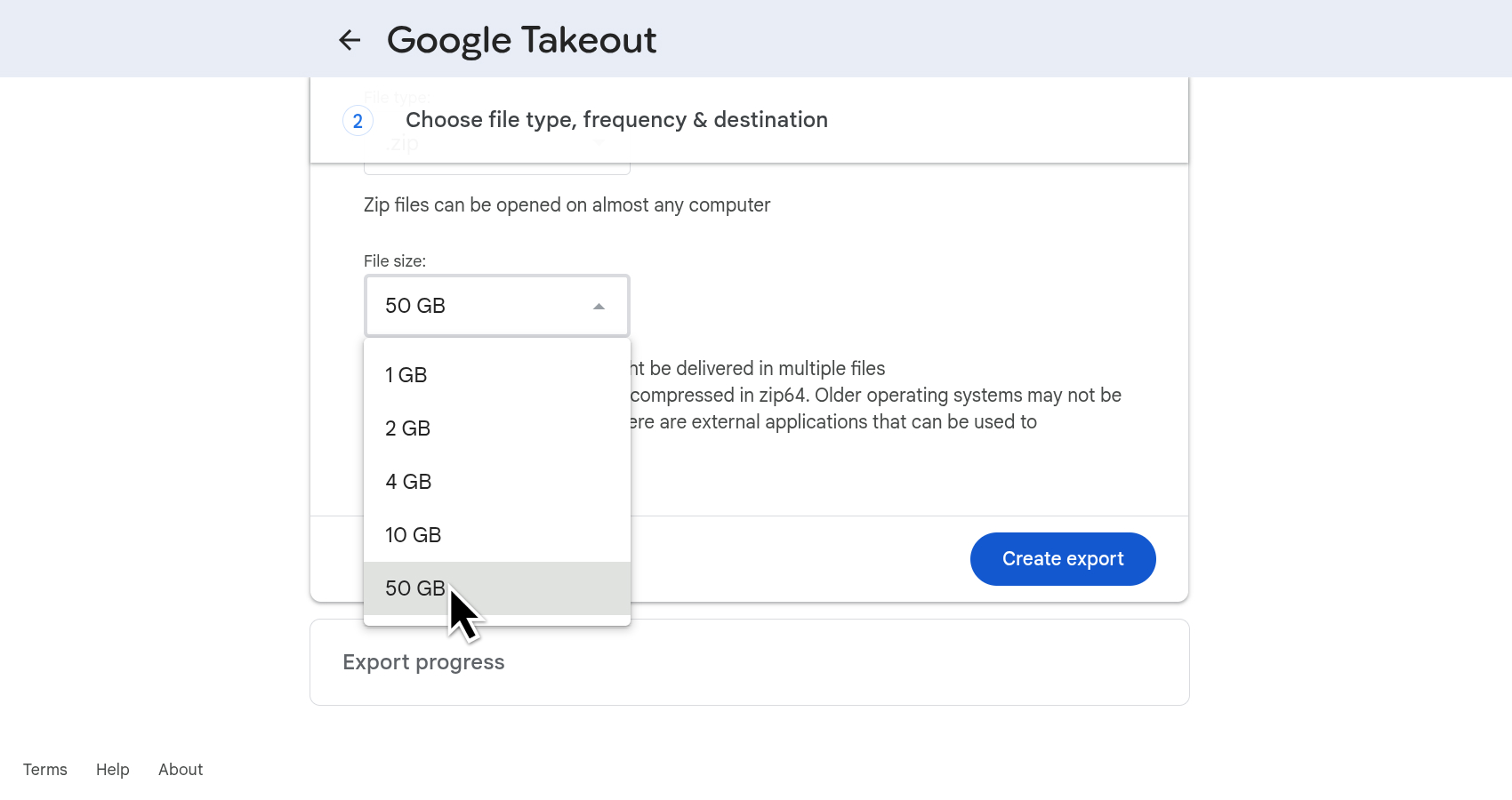 Google Takeout File size dropdown with archive size options