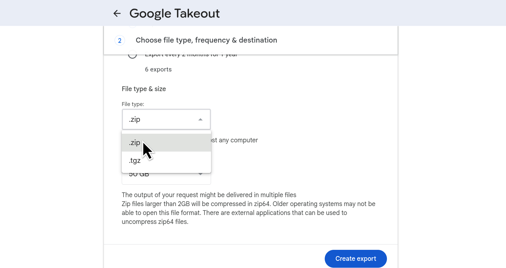 Google Takeout File type dropdown set to zip