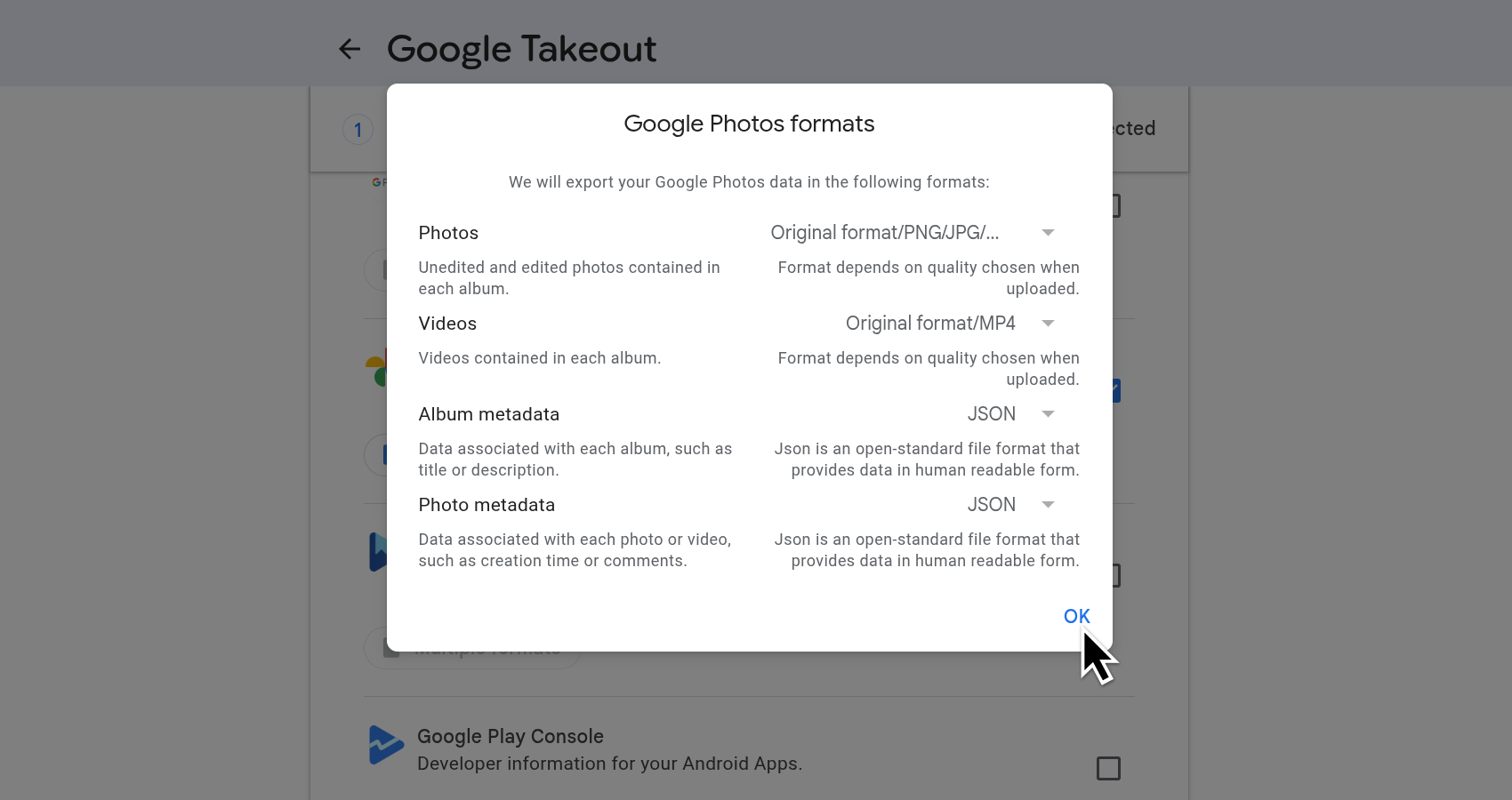 Google Photos Multiple formats settings in Google Takeout