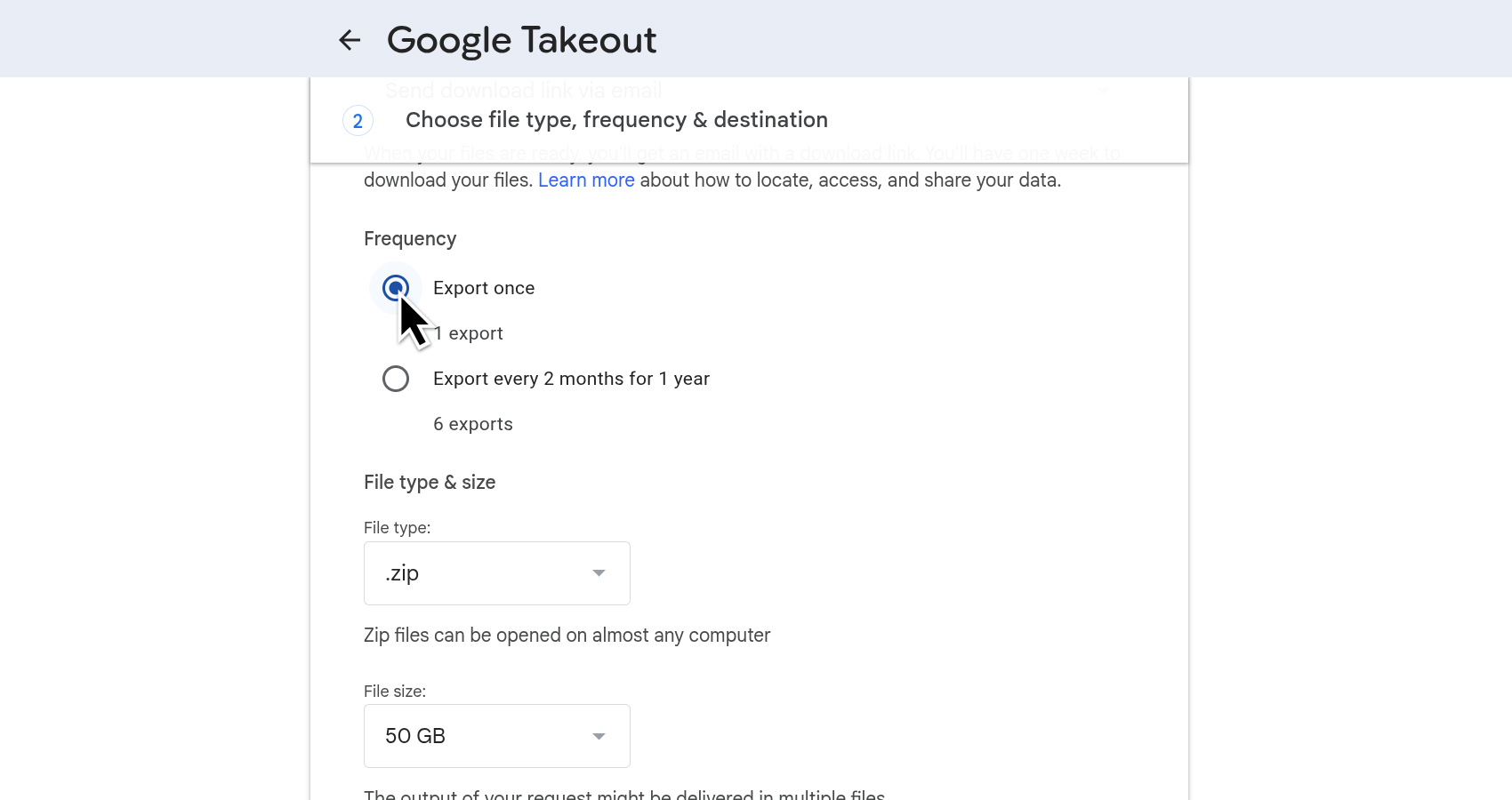 Google Takeout Frequency dropdown with export options