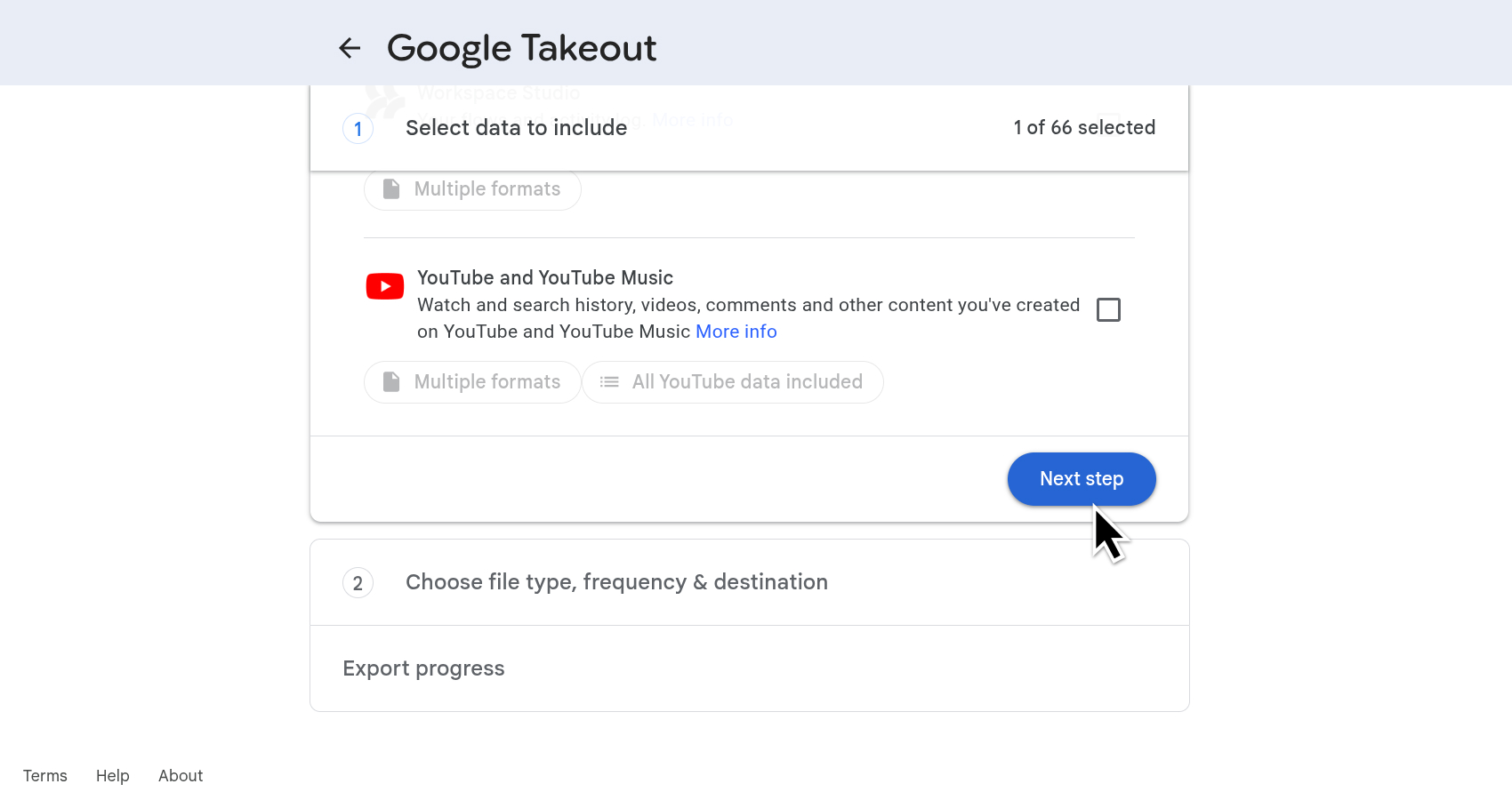 Google Takeout Next step button