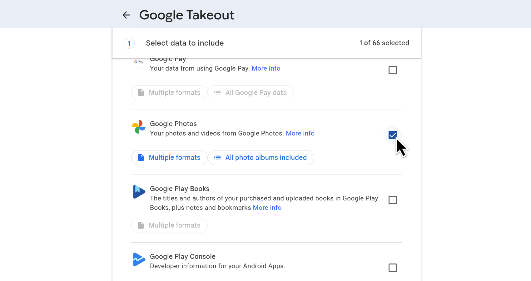 Google Takeout screen with Google Photos selected