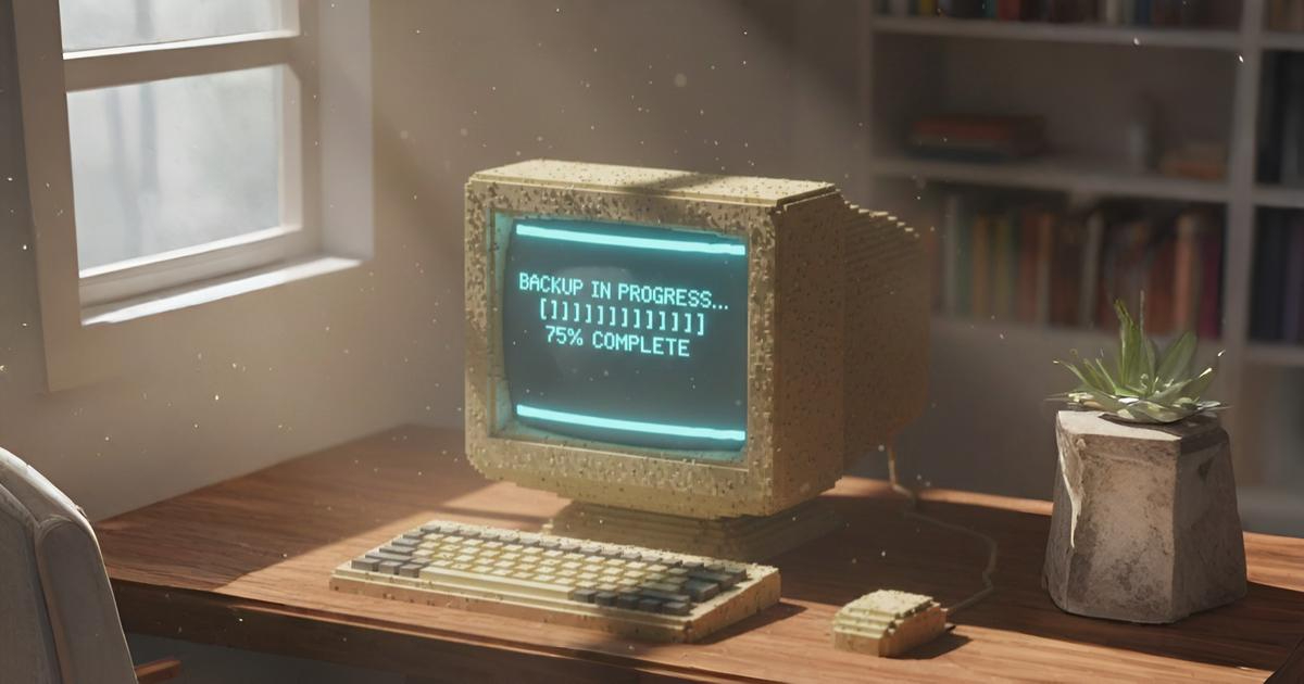 Retro desktop computer creating a backup
