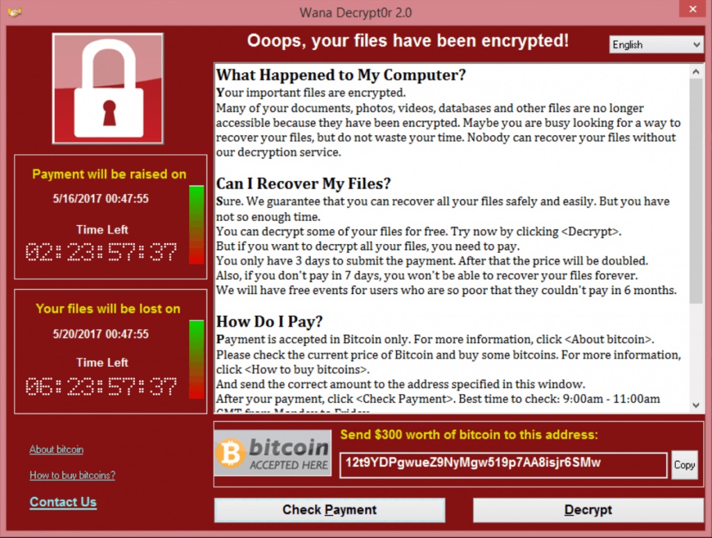 Screenshot of WannaCry Ransomware